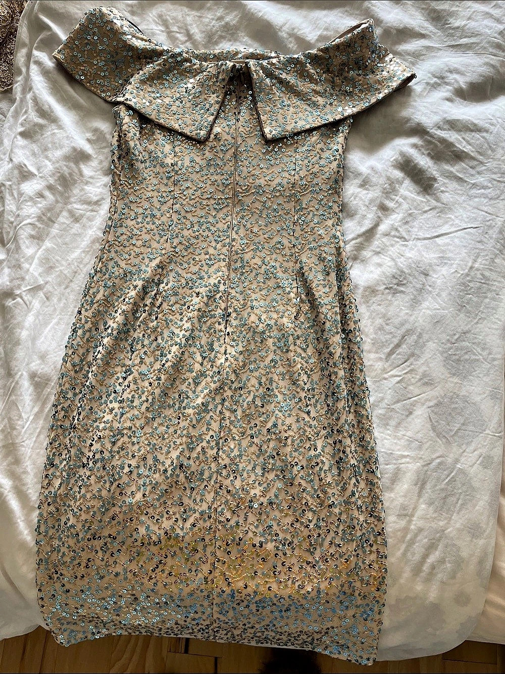 Vince Camuto Off-the-Shoulder Sequin Midi Dress Gold & Blue